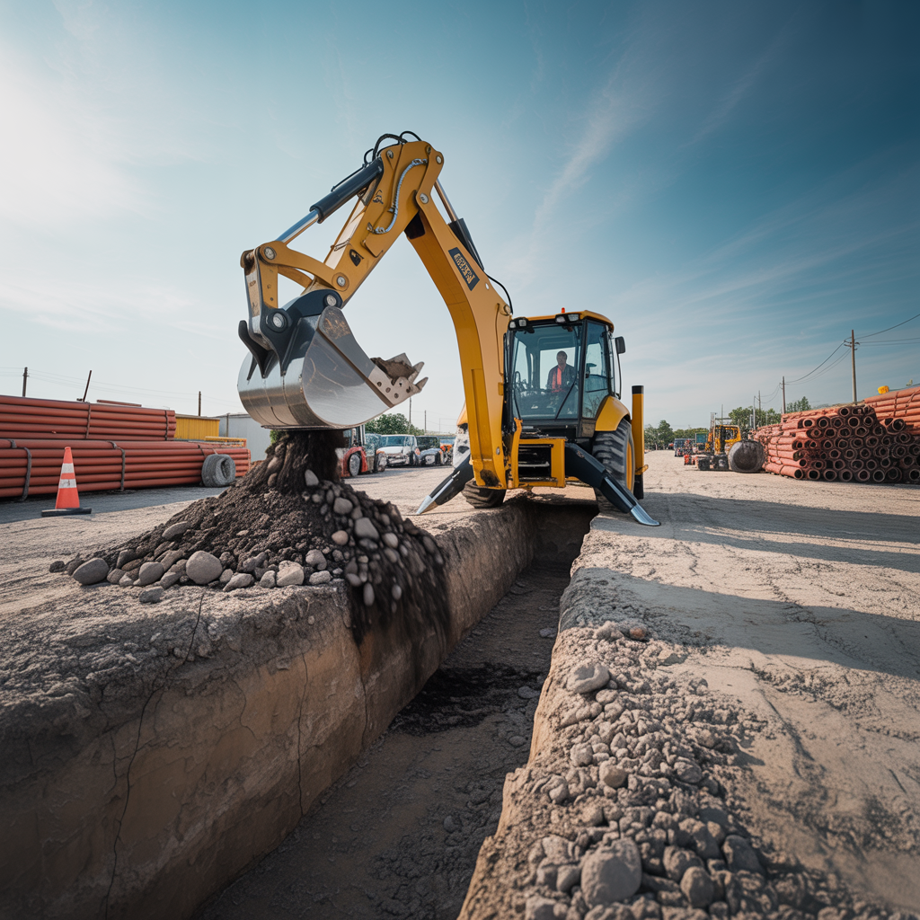 Yellow backhoe loader on construction site ready for work