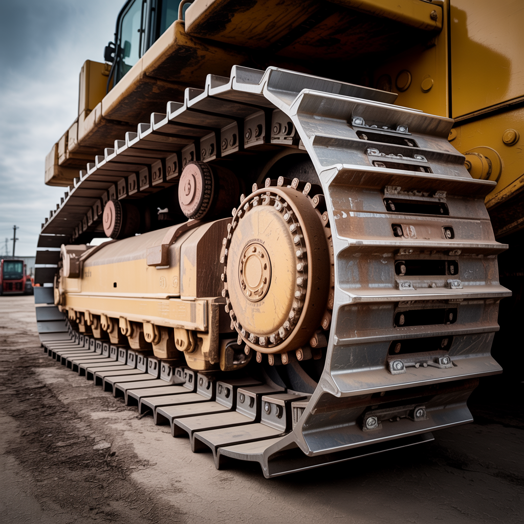 Contractor inspecting yellow bulldozer undercarriage on job site