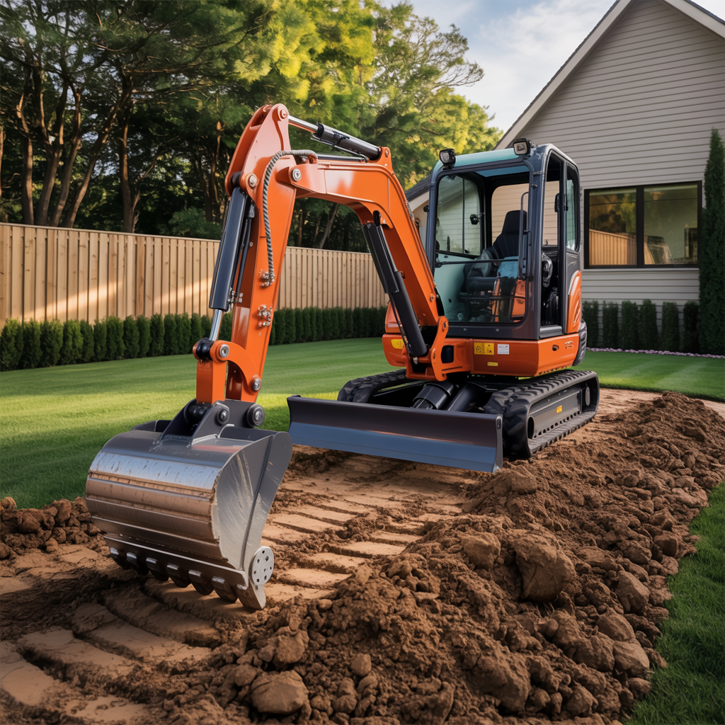 Used mini excavator on a residential construction jobsite
