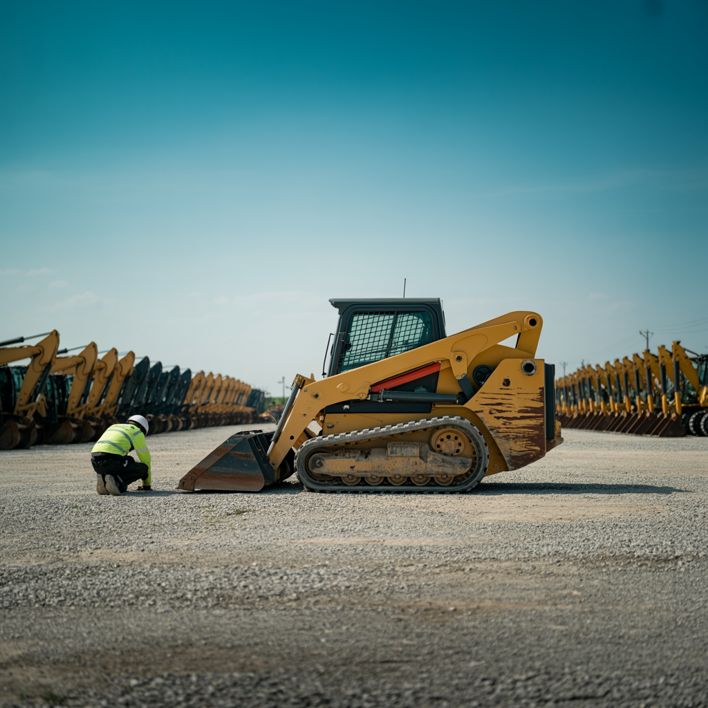 Contractor inspecting a used skid steer loader on job site