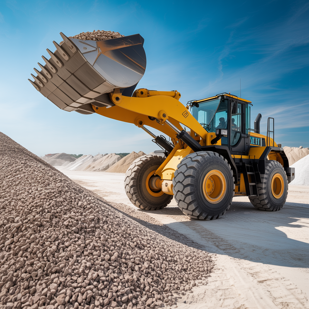 Yellow wheel loader moving aggregate at a construction site